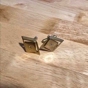 Midcentury Geometric Gold-Tone Square Cufflinks with Diamond Accent